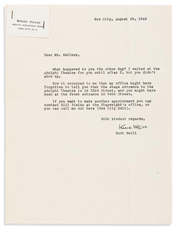WEILL, KURT. Group of 6 Typed Letters Signed, to literary agent Kurt Hellmer or Herr Georg,